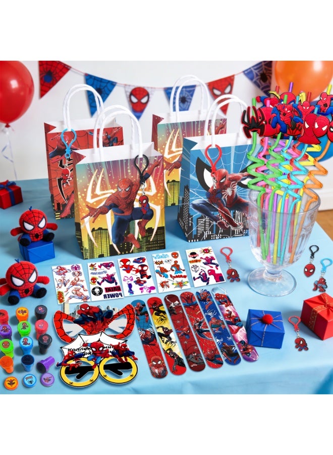 ILovhaprty Spider-Man Party Favors for 12 Guests, 84PCS Superhero Birthday Party Favor Set with Slap Bracelets, Stickers, Keychains, Stampers, Paper Glasses, Straws & Gift Bags – Spider-Man Birthday Party Supplies - Image 4